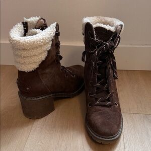 Roxy Brown Suede Lace-Up Shearling Cuff Ankle Boots